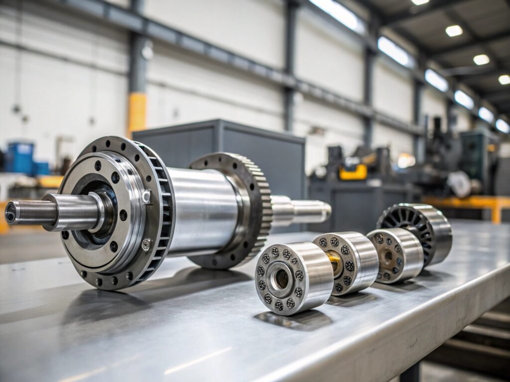 Close-up of precision metal parts and gears on a workshop table in an industrial setting.