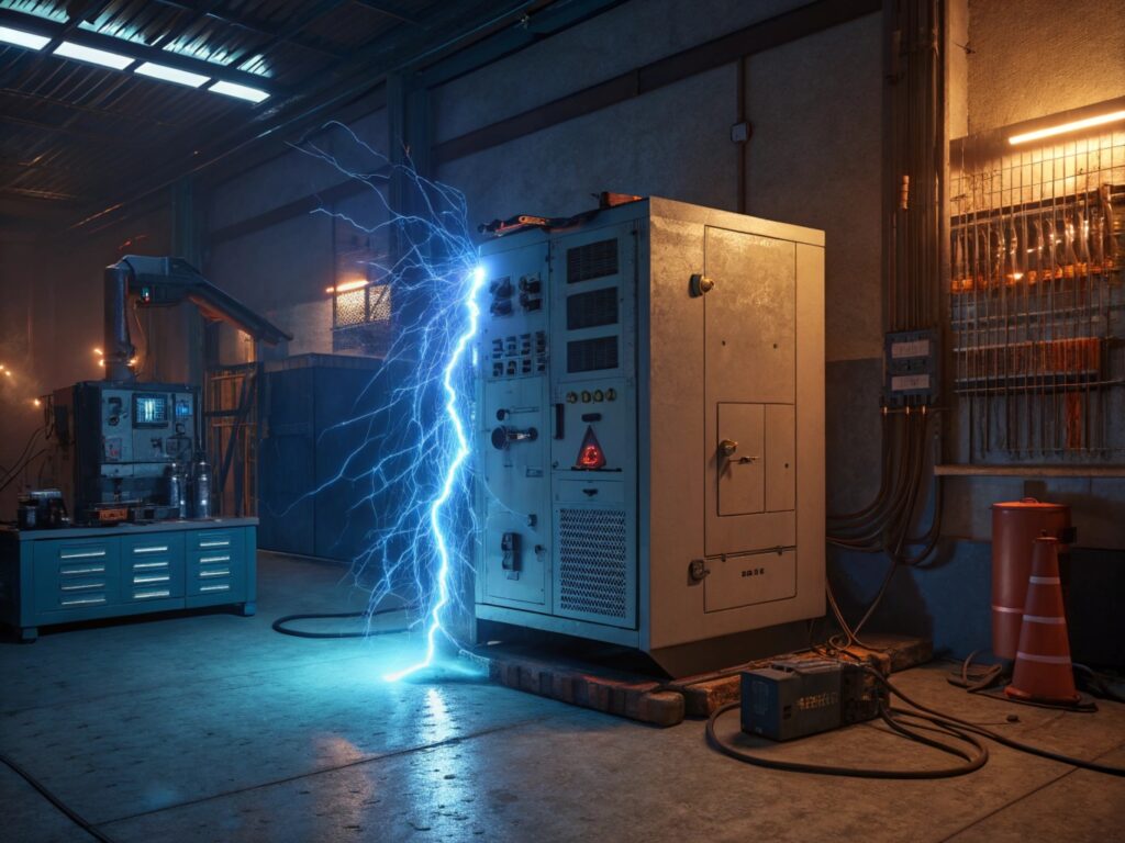 High-voltage electrical discharge near industrial machinery in a dimly lit workshop.