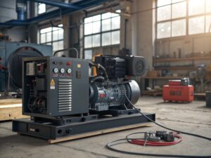 Industrial diesel generator in a factory setting, with power cables and tools nearby.