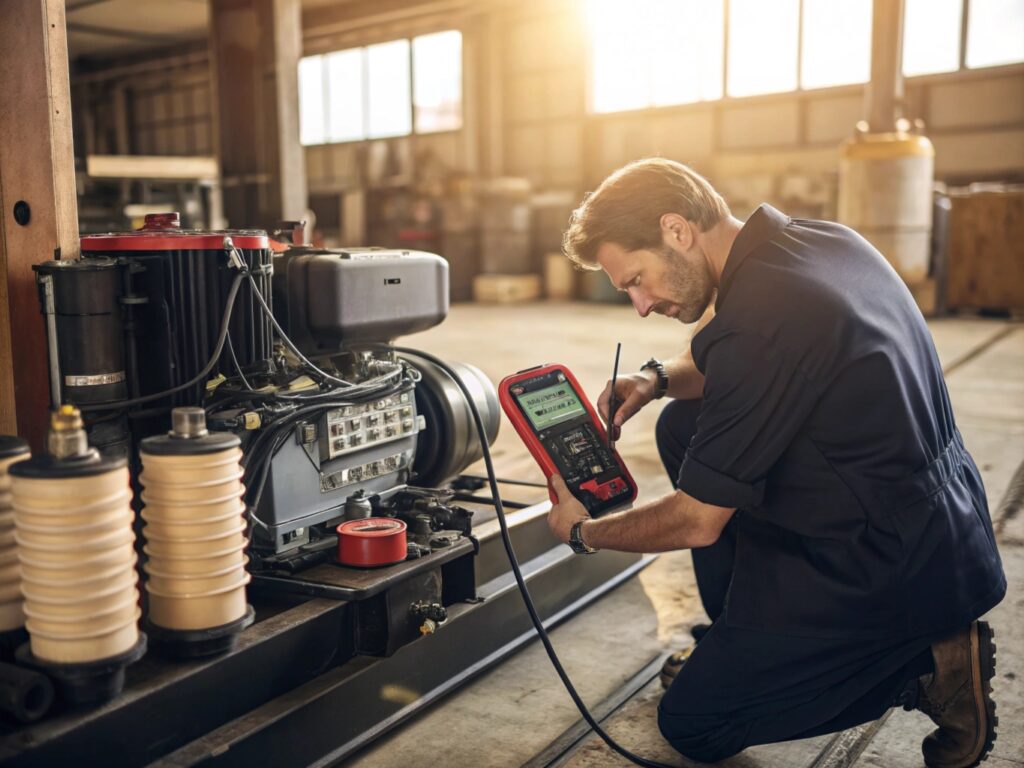 Technician using a diagnostic device to test industrial equipment in a workshop setting