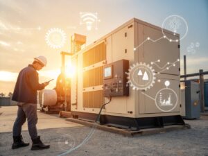 Engineer monitoring industrial generator system with digital interface icons.